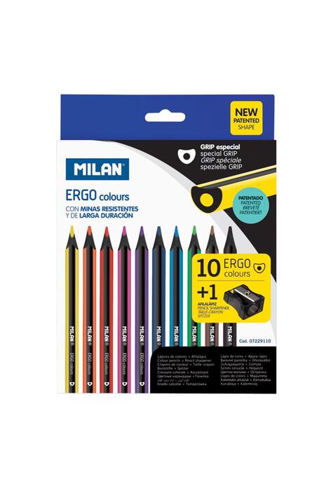 Copertă produs Creioane colorate Milan ERGO, 10 culori + 1 ascuțitoare MAXI