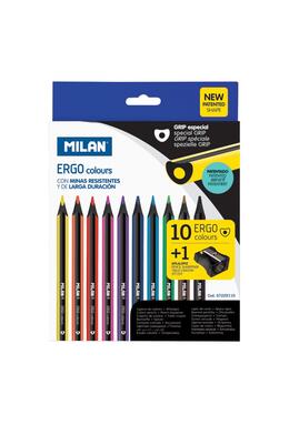 Copertă produs Creioane colorate Milan ERGO, 10 culori + 1 ascuțitoare MAXI