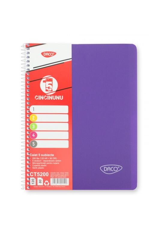 Copertă produs Caiet universal DACO 5 Subiecte A4, 200 file, 70g, spiră eminent - CT5200 - gallery big 2