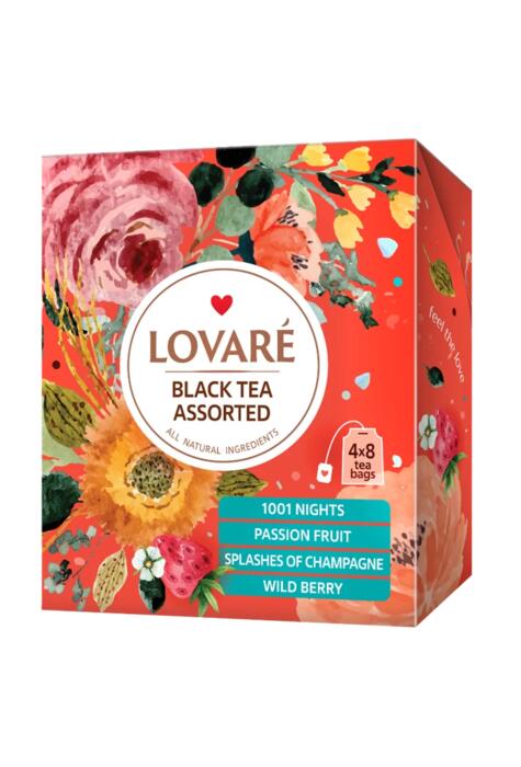 Copertă produs Cutie cu 32 pliculețe de ceai negru asortat Lovar&eacute; (4 arome x 8 pliculețe): 1001 Nights, Passion Fruit, Splashes of Champagne, Wild Berry 32 g