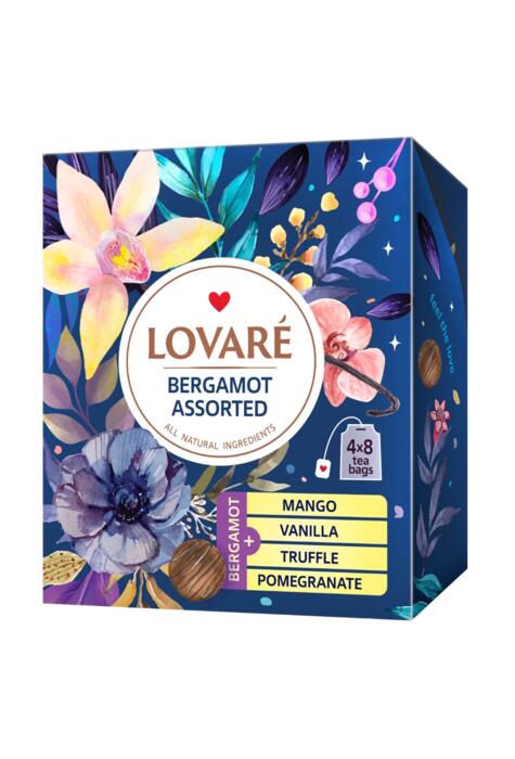 Copertă produs Cutie cu 32 pliculețe de ceai negru cu bergamotă asortat Lovar&eacute; (4 arome x 8 pliculețe): Mango, Vanilie, Trufă, Rodie 32g