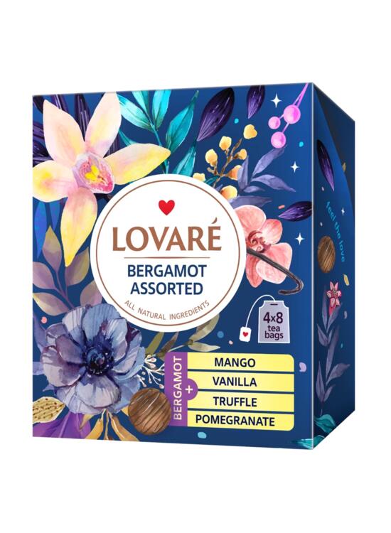 Copertă produs Cutie cu 32 pliculețe de ceai negru cu bergamotă asortat Lovar&eacute; (4 arome x 8 pliculețe): Mango, Vanilie, Trufă, Rodie 32g - gallery big 2