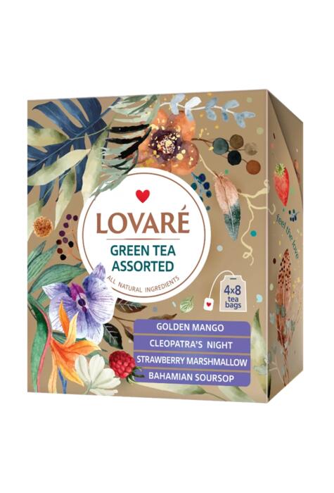 Copertă produs Cutie cu 32 pliculețe de ceai verde asortat Lovar&eacute; (4 arome x 8 pliculețe): Golden Mango, Cleopatra&rsquo;s Night, Strawberry Marshmallow, Bahamian Soursop 32 g