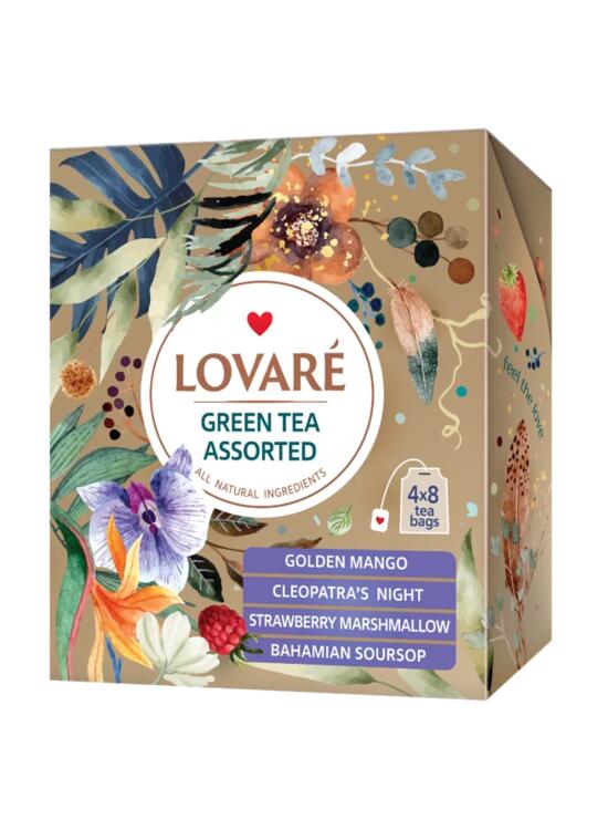 Copertă produs Cutie cu 32 pliculețe de ceai verde asortat Lovar&eacute; (4 arome x 8 pliculețe): Golden Mango, Cleopatra&rsquo;s Night, Strawberry Marshmallow, Bahamian Soursop 32 g - gallery big 2
