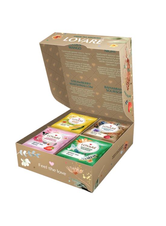 Copertă produs Cutie cu 32 pliculețe de ceai verde asortat Lovar&eacute; (4 arome x 8 pliculețe): Golden Mango, Cleopatra&rsquo;s Night, Strawberry Marshmallow, Bahamian Soursop 32 g - gallery big 1