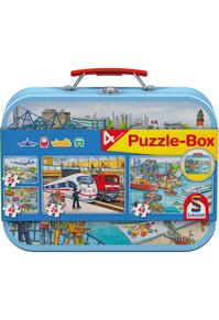 Copertă produs Puzzle-Box Schmidt: Mijloace de transport, set de 2 puzzle-uri x 48 piese și 2 puzzle-uri x 26 piese + bonus: cufăr metalic