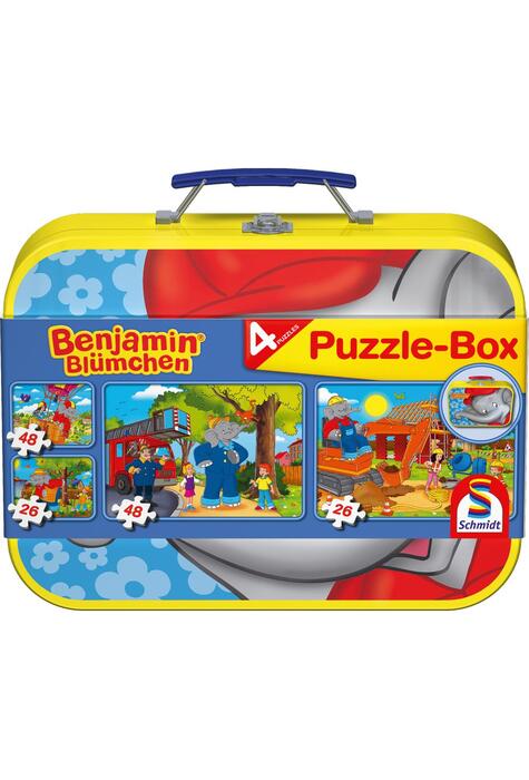 Copertă produs Puzzle-Box Schmidt: Benjamin Bl&uuml;mchen - Elefantul Benjamin, set de 2 puzzle-uri x 48 piese și 2 puzzle-uri x 26 piese + bonus: cufăr metalic