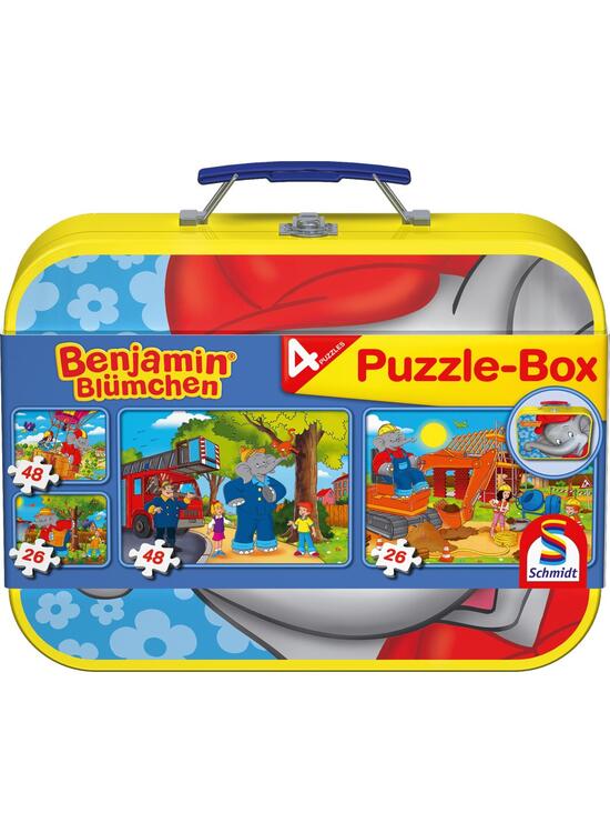 Copertă produs Puzzle-Box Schmidt: Benjamin Bl&uuml;mchen - Elefantul Benjamin, set de 2 puzzle-uri x 48 piese și 2 puzzle-uri x 26 piese + bonus: cufăr metalic - gallery big 1