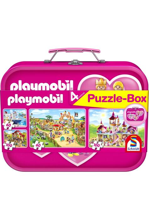 Copertă produs Puzzle-Box Schmidt: Playmobil roz, set de 2 puzzle-uri x 100 piese și 2 puzzle-uri x 60 piese + bonus: cufăr metalic