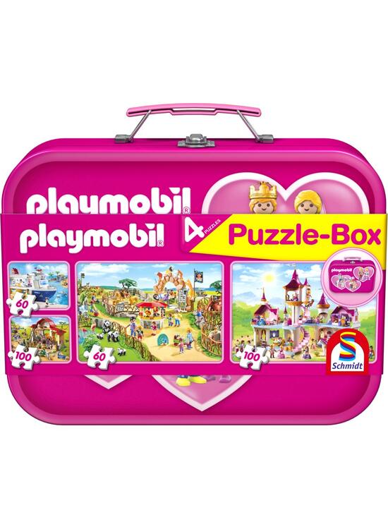 Copertă produs Puzzle-Box Schmidt: Playmobil roz, set de 2 puzzle-uri x 100 piese și 2 puzzle-uri x 60 piese + bonus: cufăr metalic - gallery big 1