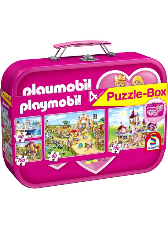 Copertă produs Puzzle-Box Schmidt: Playmobil roz, set de 2 puzzle-uri x 100 piese și 2 puzzle-uri x 60 piese + bonus: cufăr metalic - gallery big 2