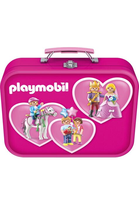 Puzzle-Box Schmidt: Playmobil roz, set de 2 puzzle-uri x 100 piese și 2 puzzle-uri x 60 piese + bonus: cufăr metalic