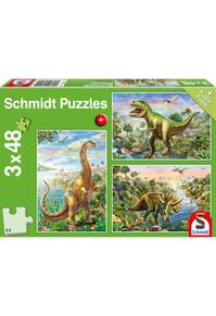 Copertă produs Puzzle Schmidt: Aventurile dinozaurilor, set de 3 puzzle-uri x 48 piese + cadou: poster
