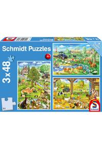 Copertă produs Puzzle Schmidt: La țară, set de 3 puzzle-uri x 48 piese + cadou: poster