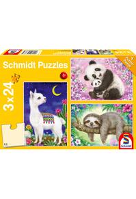 Copertă produs Puzzle Schmidt: Panda, leneș și lama, set de 3 puzzle-uri x 24 piese + cadou: poster