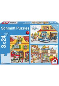 Copertă produs Puzzle Schmidt: Pompierii și poliția, set de 3 puzzle-uri x 24 piese + cadou: poster