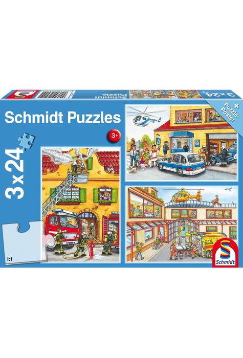 Copertă produs Puzzle Schmidt: Pompierii și poliția, set de 3 puzzle-uri x 24 piese + cadou: poster