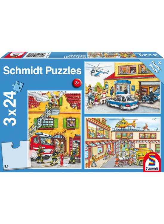 Copertă produs Puzzle Schmidt: Pompierii și poliția, set de 3 puzzle-uri x 24 piese + cadou: poster - gallery big 1