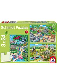 Copertă produs Puzzle Schmidt: O zi la grădina zoologică, set de 3 puzzle-uri x 24 piese + cadou: poster