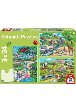 Copertă produs Puzzle Schmidt: O zi la grădina zoologică, set de 3 puzzle-uri x 24 piese + cadou: poster