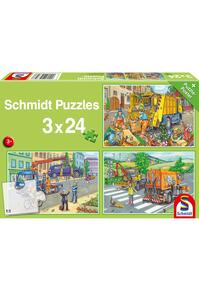 Copertă produs Puzzle Schmidt: Mașină gunoi, remorcher și măturator, set de 3 puzzle-uri x 24 piese + cadou: poster