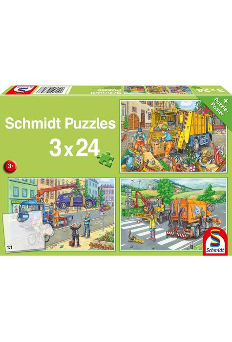 Copertă produs Puzzle Schmidt: Mașină gunoi, remorcher și măturator, set de 3 puzzle-uri x 24 piese + cadou: poster
