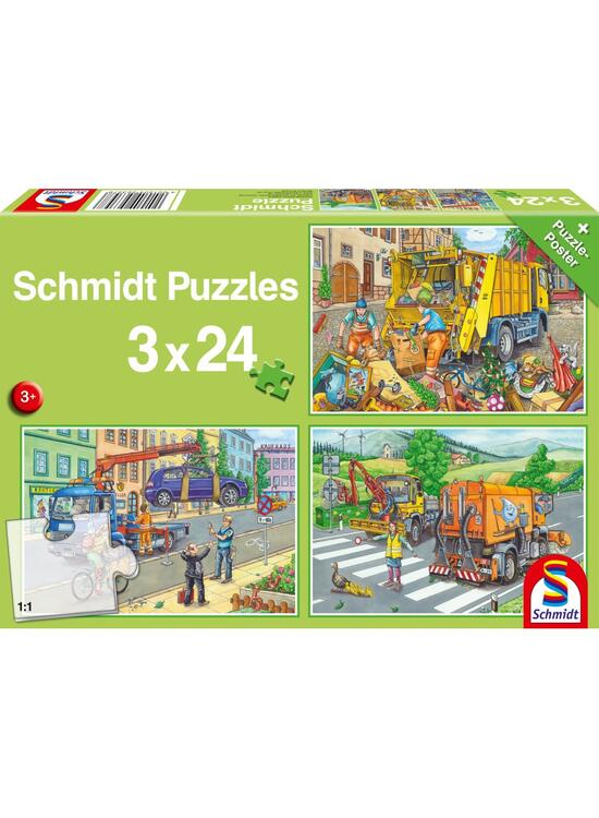 Copertă produs Puzzle Schmidt: Mașină gunoi, remorcher și măturator, set de 3 puzzle-uri x 24 piese + cadou: poster - gallery big 1