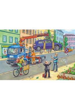 Copertă produs Puzzle Schmidt: Mașină gunoi, remorcher și măturator, set de 3 puzzle-uri x 24 piese + cadou: poster
