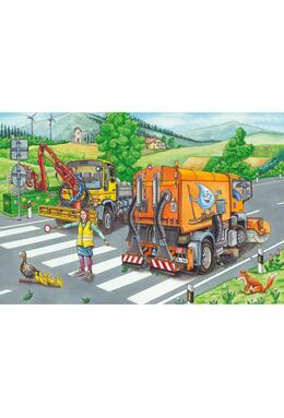 Copertă produs Puzzle Schmidt: Mașină gunoi, remorcher și măturator, set de 3 puzzle-uri x 24 piese + cadou: poster