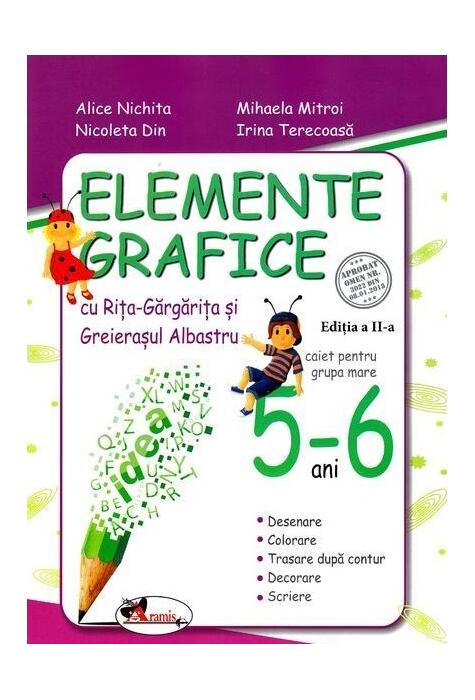 Copertă produs Elemente grafice cu Riţa Gărgăriţa şi Greieraşul Albastru, caiet pentru grupa mare 5-6 ani