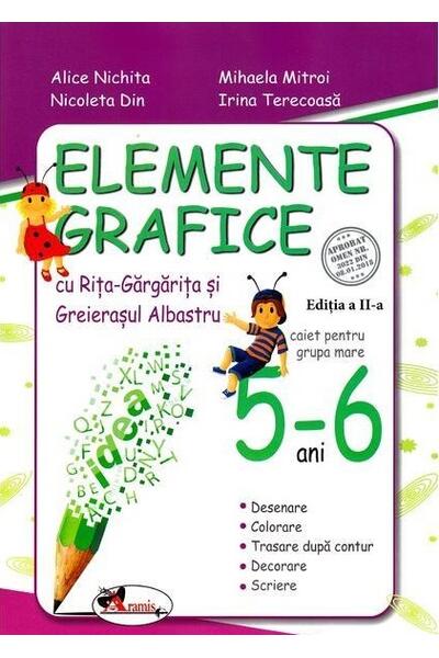 Elemente grafice cu Riţa Gărgăriţa şi Greieraşul Albastru, caiet pentru grupa mare 5-6 ani
