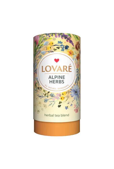 Copertă produs Tub de ceai Lovar&eacute; - Alpine Herbs: Amestec de ceai verde, măceș, plante și petale de flori 80 g
