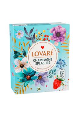 Copertă produs Cutie cu 32 pliculețe Lovar&eacute; - Splashes of Champagne: Amestec de ceai negru, ceai verde, căpșuni și petale de albăstrele 64 g