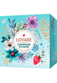 Copertă produs Cutie cu 90 pliculețe Lovar&eacute; - Splashes of Champagne: Amestec de ceai negru, ceai verde, căpșuni și petale de albăstrele 180 g