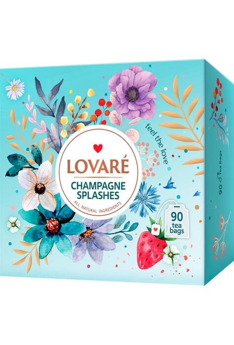 Copertă produs Cutie cu 90 pliculețe Lovar&eacute; - Splashes of Champagne: Amestec de ceai negru, ceai verde, căpșuni și petale de albăstrele 180 g