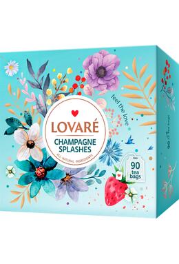 Copertă produs Cutie cu 90 pliculețe Lovar&eacute; - Splashes of Champagne: Amestec de ceai negru, ceai verde, căpșuni și petale de albăstrele 180 g