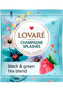 Copertă produs Cutie cu 90 pliculețe Lovar&eacute; - Splashes of Champagne: Amestec de ceai negru, ceai verde, căpșuni și petale de albăstrele 180 g