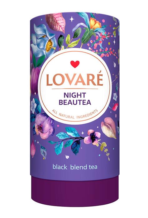 Copertă produs Tub de ceai Lovar&eacute; - Night Beautea: Amestec de ceai negru cu petale de flori și aromă de rodie, prune și smochin 80 g