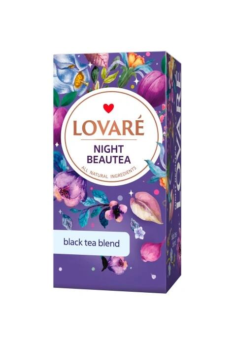 Copertă produs Cutie ceai cu 24 pliculețe Lovar&eacute; - Night Beautea: Amestec de ceai negru cu petale de flori și aromă de rodie, prune și smochin48 g