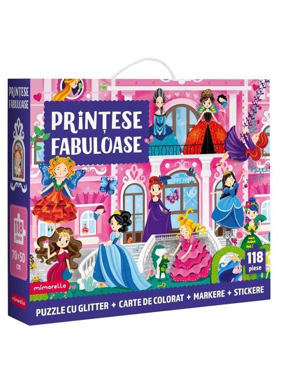Copertă produs Joc educativ - Puzzle cu glitter + carte de colorat + markere + stickere Mimorello - Prințese fabuloase - gallery big 1