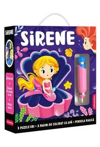 Copertă produs Joc educativ - 3 puzzle-uri + 3 pagini de colorat cu apă + pensula magică - Sirene