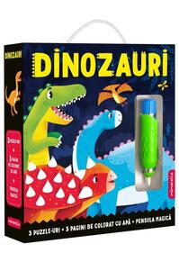 Copertă produs Joc educativ - 3 puzzle-uri + 3 pagini de colorat cu apă + pensula magică - Dinozauri